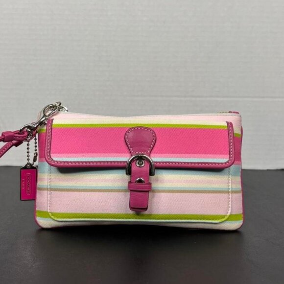 Coach Handbags - Y2K Vintage Coach Soho Hamptons Legacy Pastel Stripe Buckle Wristlet Pink Strap
